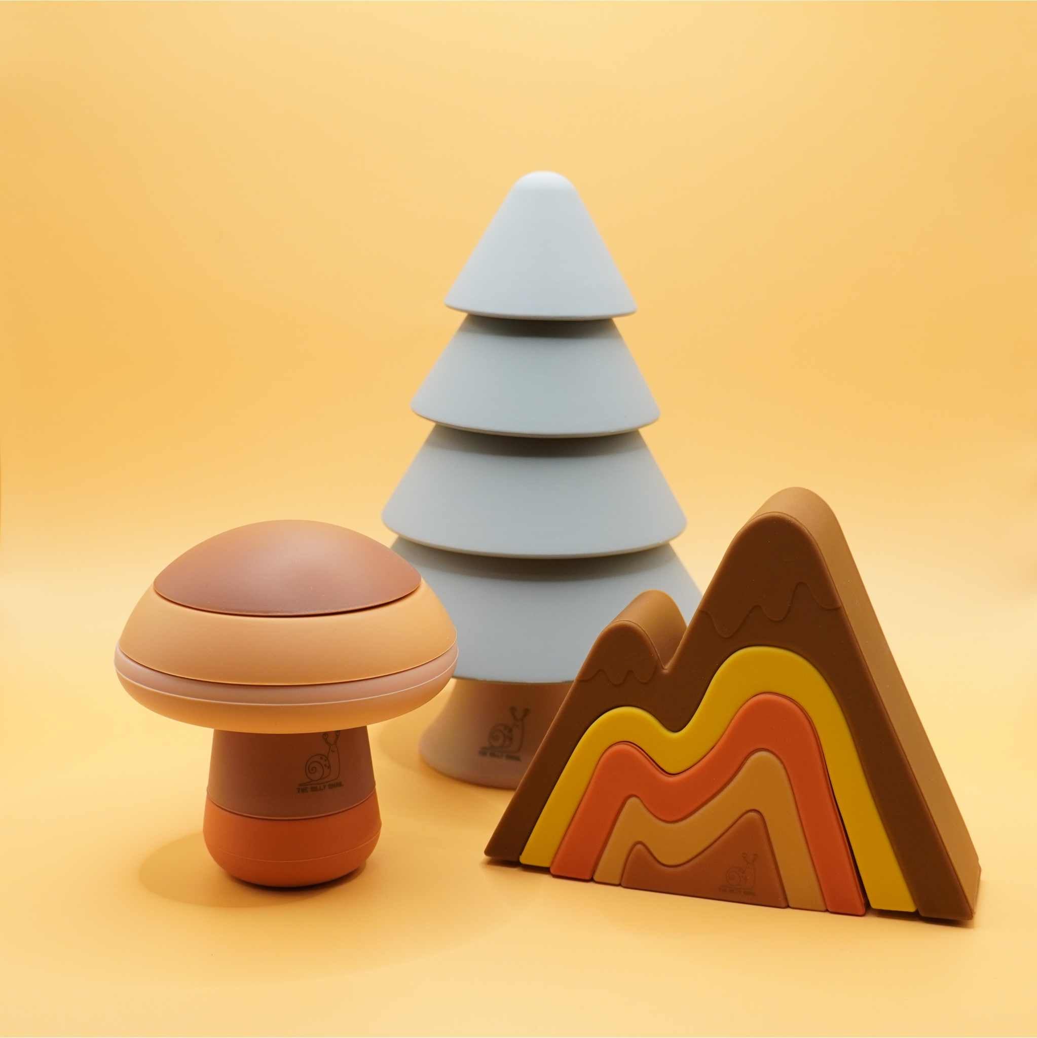 Enchanted Forest silicone stacking toy set with mushroom, tree, and mountain